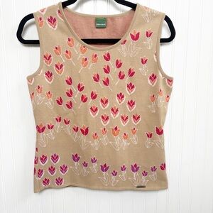 Geiger Tan Floral Sleeveless Top with Pink/Red & Purple Floral Accents-Sz 40 (M)